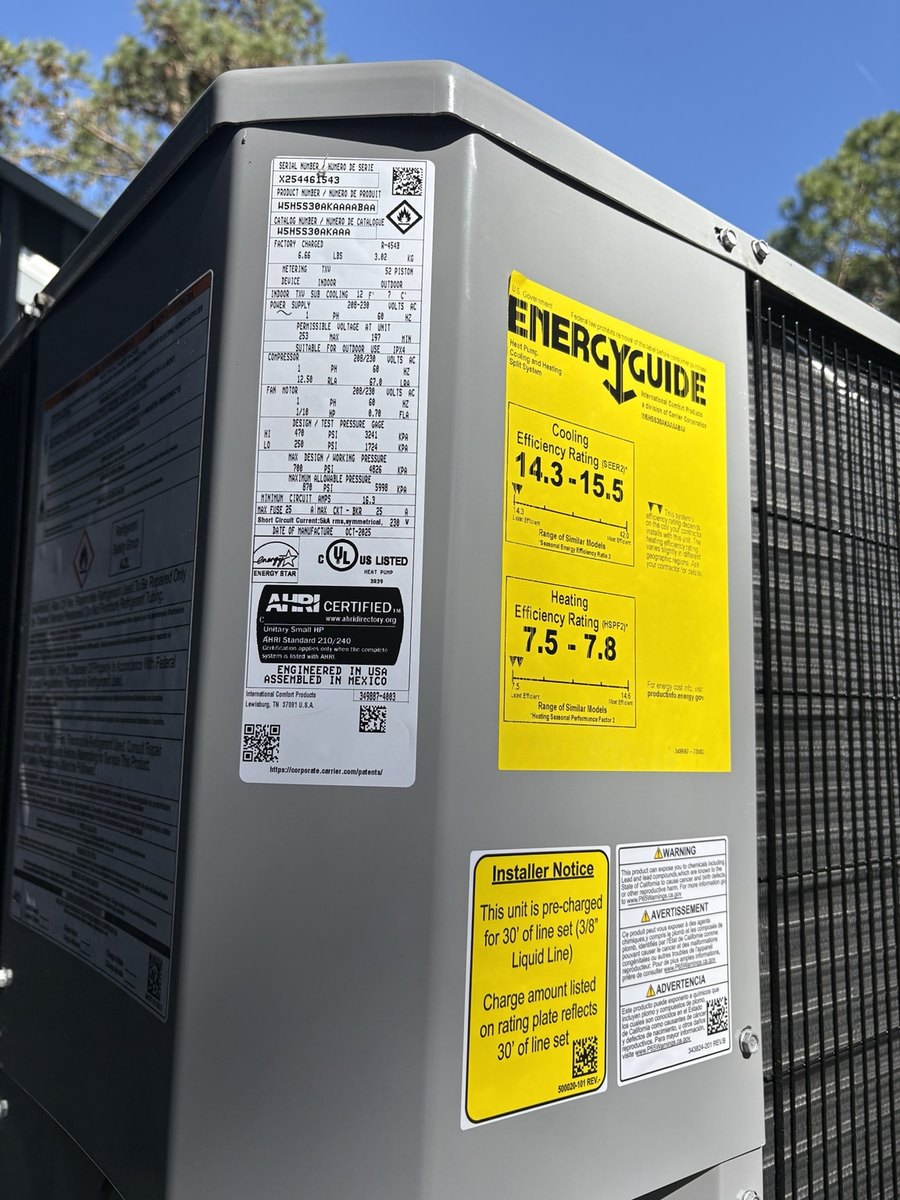 High-efficiency heat pump equipment data and EnergyGuide labels